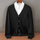 Men's cashmere cardigan in soft black featuring a button-up front and elegant V-neck design, perfect for stylish layering and comfort. 3