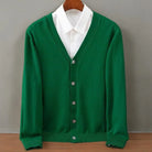 Men's cashmere cardigan in soft black featuring a button-up front and elegant V-neck design, perfect for stylish layering and comfort. 4