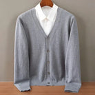 Men's cashmere cardigan in soft black featuring a button-up front and elegant V-neck design, perfect for stylish layering and comfort. 5