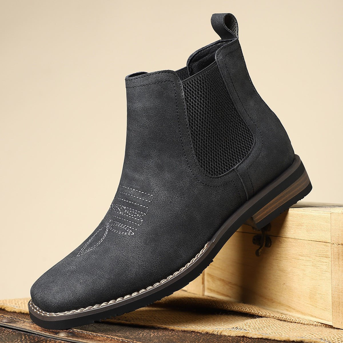 Men's tan faux leather Chelsea boots featuring elastic side panels and western stitching, perfect for stylish casual wear. 5