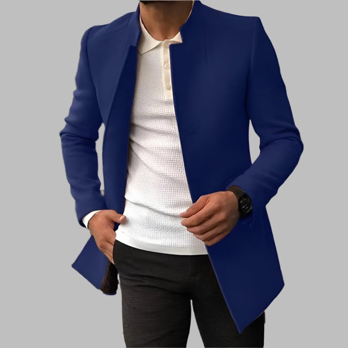 Men's collarless black wool overcoat featuring an open front design and a slim fit silhouette, perfect for a stylish and modern look. 1