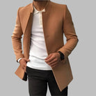 Men's collarless black wool overcoat featuring an open front design and a slim fit silhouette, perfect for a stylish and modern look. 3