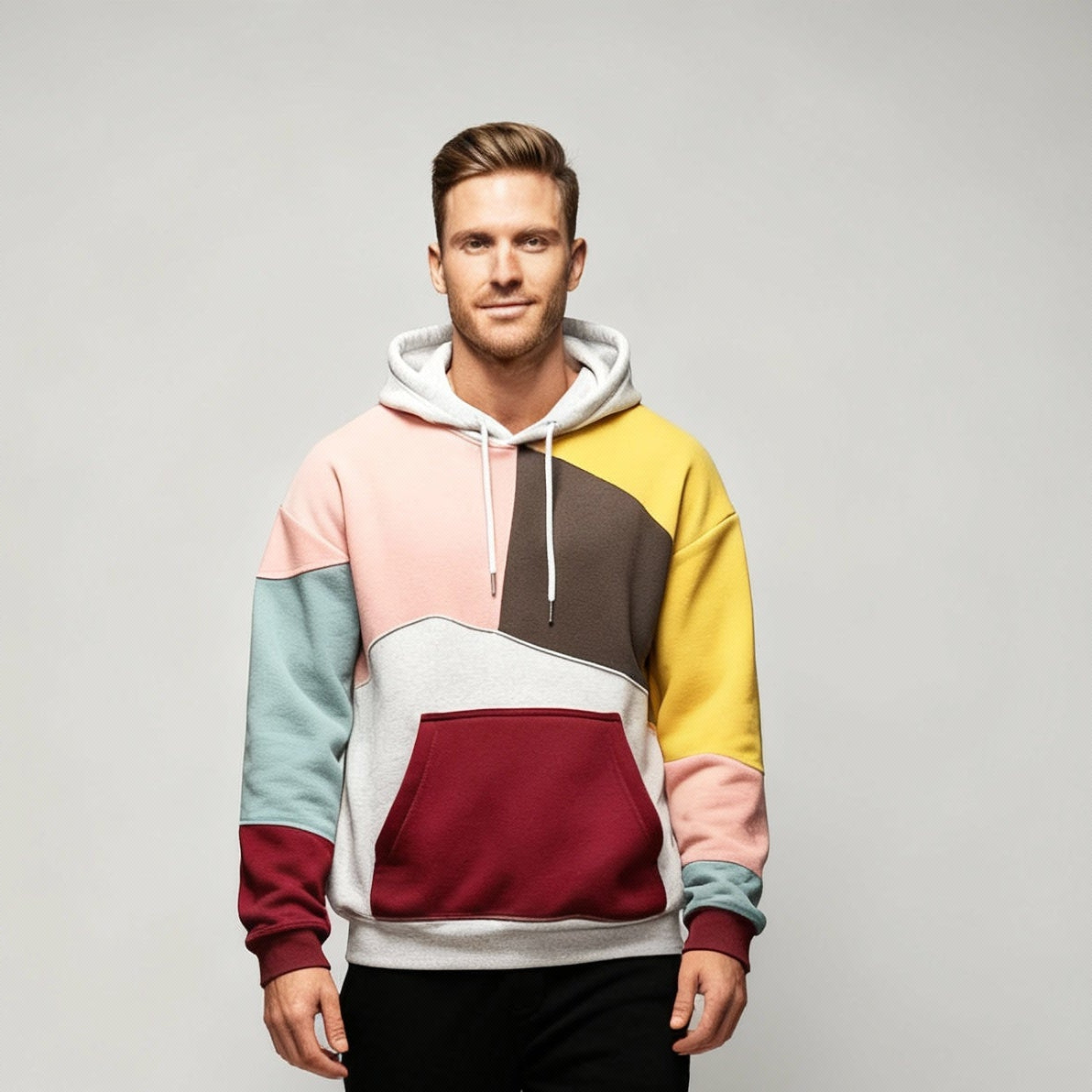 Men's colourblock hoodie featuring an adjustable hood and kangaroo pocket, crafted from a comfortable cotton blend for casual wear. 2