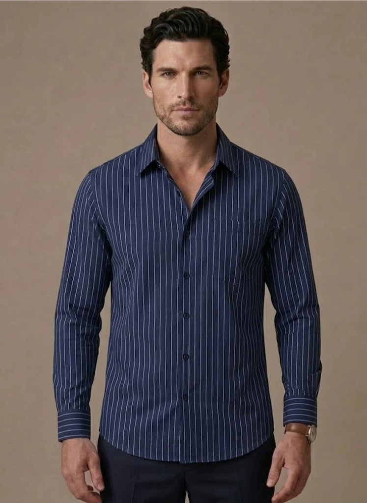 Men's cotton striped shirt featuring a button-up closure, designed for breathable comfort and a regular fit, perfect for casual wear. 0