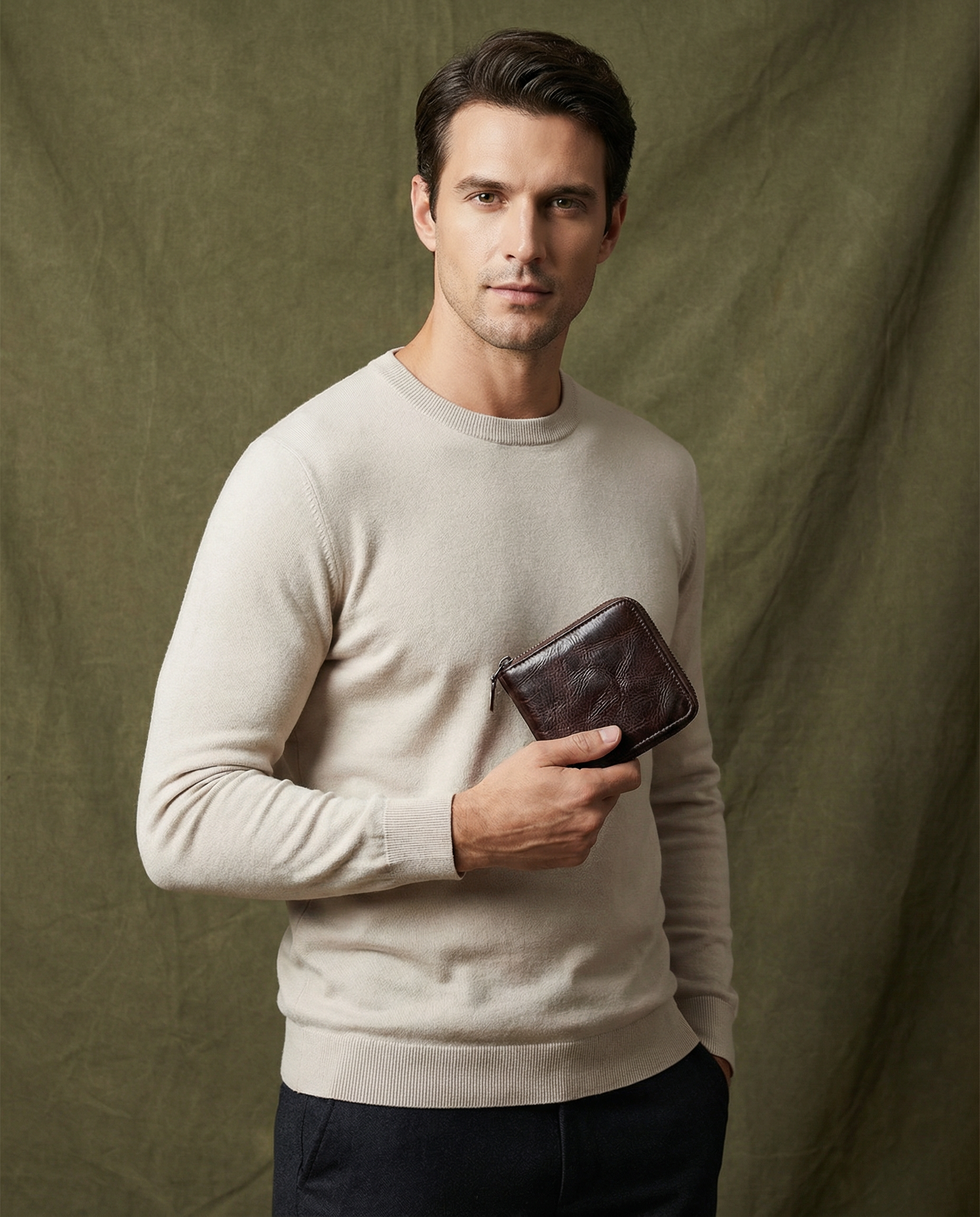 Men's cowhide leather zip wallet featuring a slim profile, durable design, and compact size, perfect for everyday use. 4