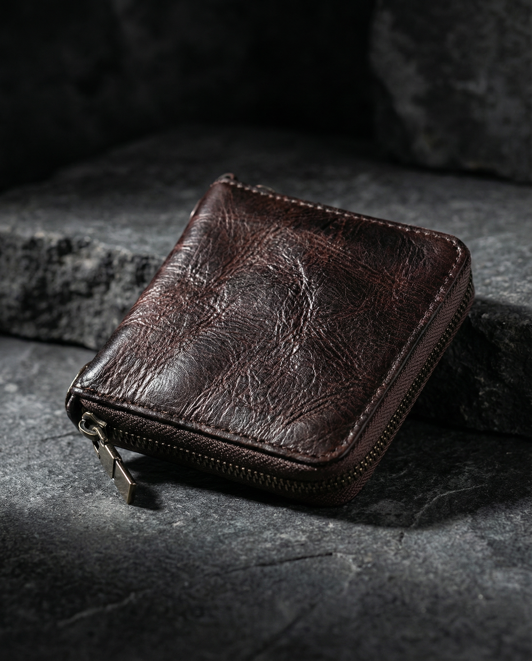Men's cowhide leather zip wallet featuring a slim profile, durable design, and compact size, perfect for everyday use. 5