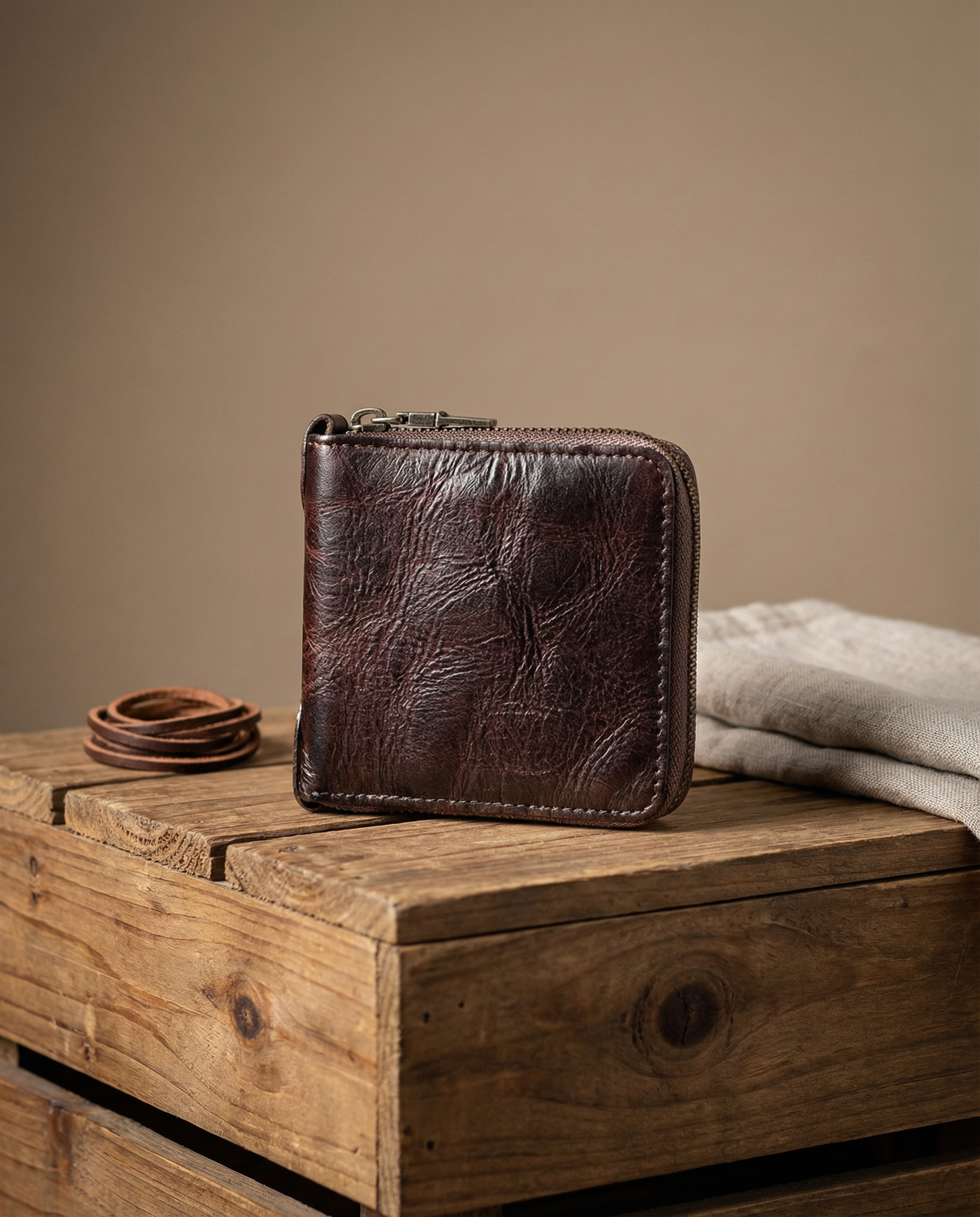 Men's cowhide leather zip wallet featuring a slim profile, durable design, and compact size, perfect for everyday use. 6