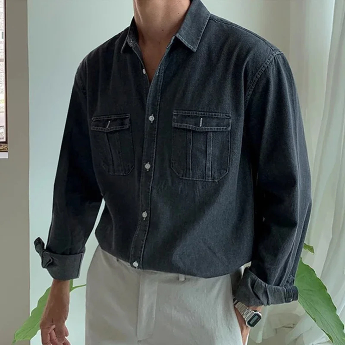 Men's denim long sleeve shirt featuring twin chest pockets and a washed finish, designed for a regular fit, perfect for casual and stylish outfits. 5