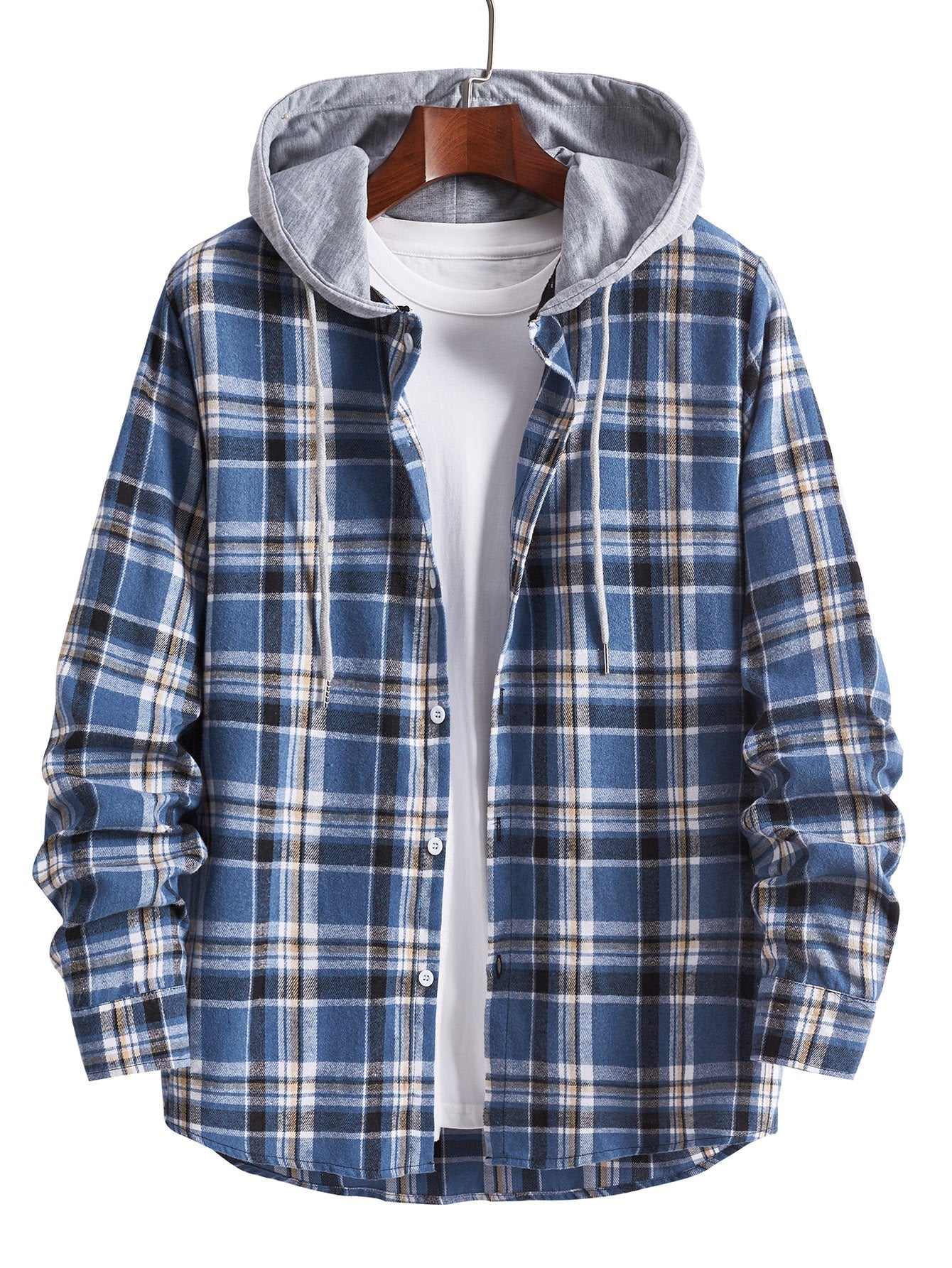 Men's flannel shirt in soft blue check pattern featuring a jersey hood and adjustable drawstring, perfect for casual wear. 0