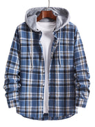 Men's flannel shirt in soft blue check pattern featuring a jersey hood and adjustable drawstring, perfect for casual wear. 0