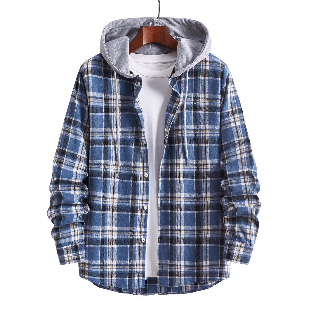 Men's flannel shirt in soft blue check pattern featuring a jersey hood and adjustable drawstring, perfect for casual wear. 1