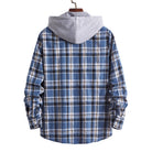 Men's flannel shirt in soft blue check pattern featuring a jersey hood and adjustable drawstring, perfect for casual wear. 2