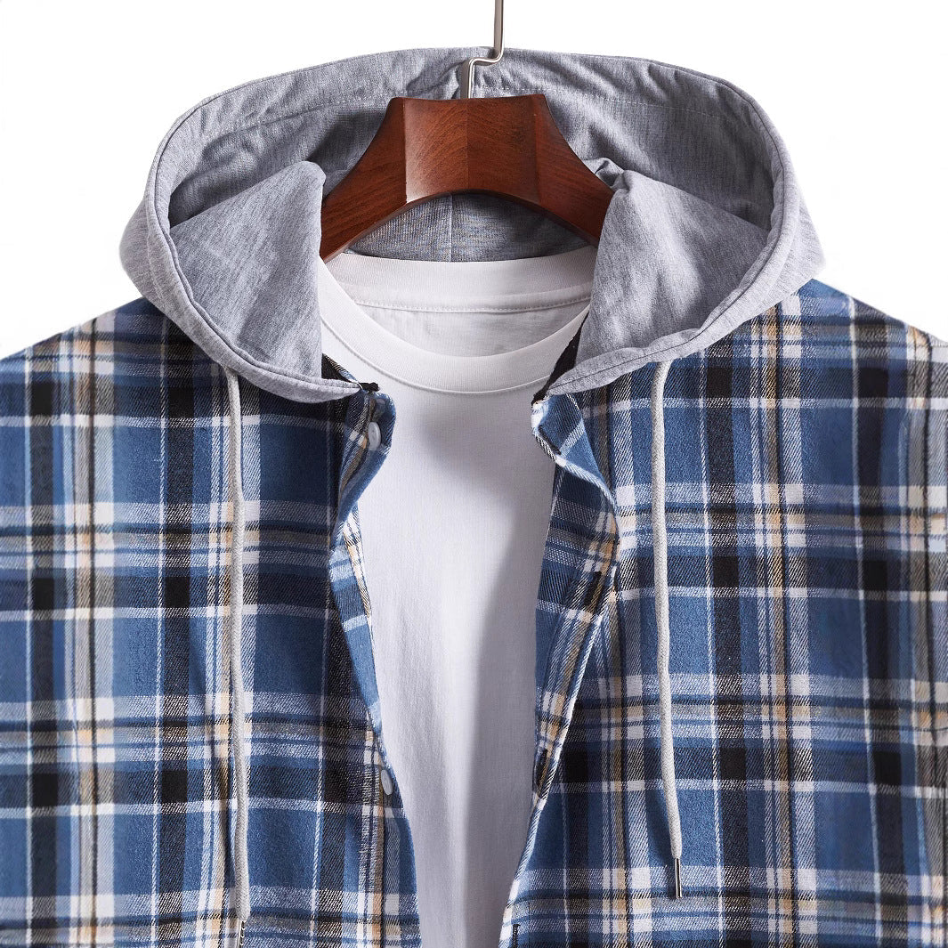 Men's flannel shirt in soft blue check pattern featuring a jersey hood and adjustable drawstring, perfect for casual wear. 3