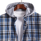 Men's flannel shirt in soft blue check pattern featuring a jersey hood and adjustable drawstring, perfect for casual wear. 3