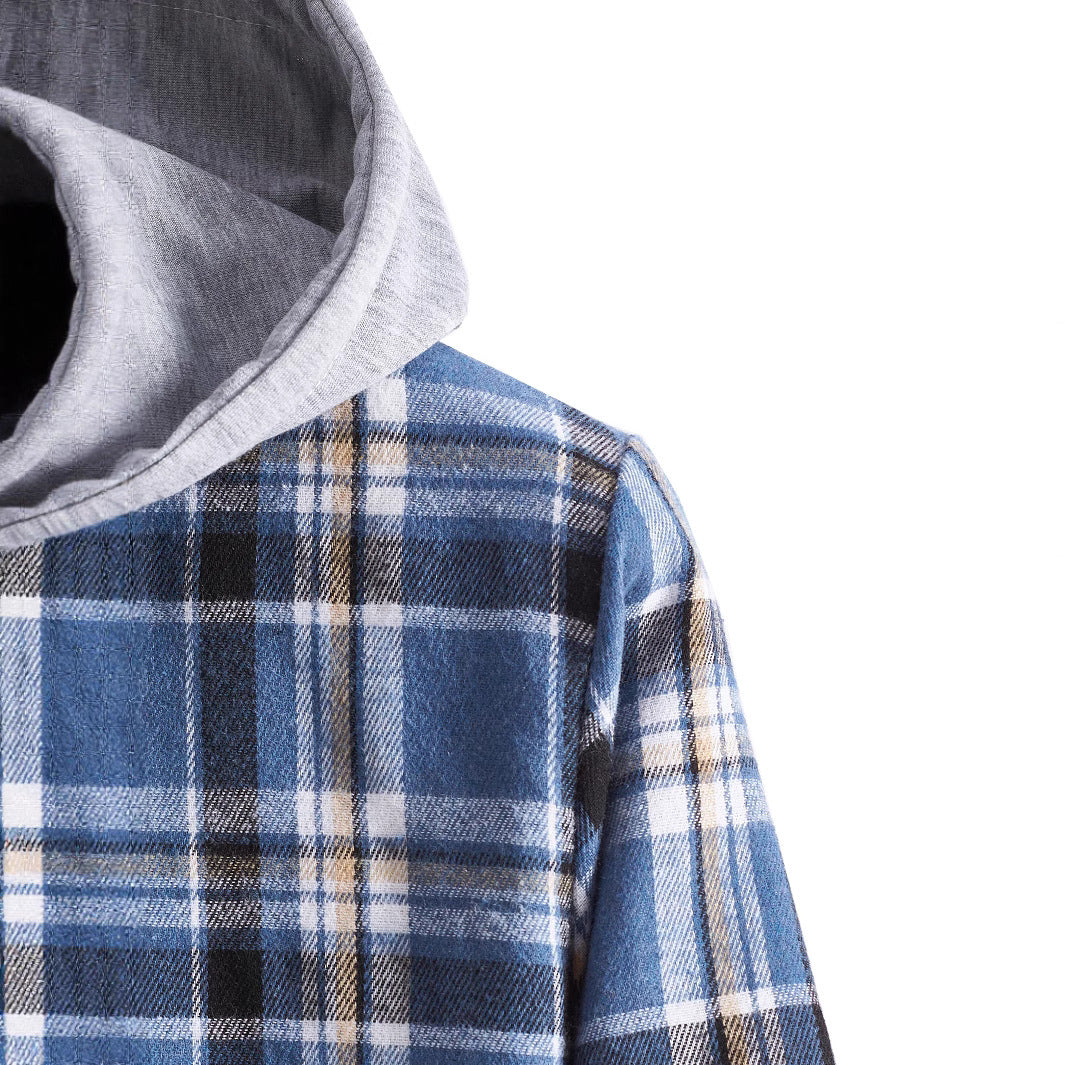 Men's flannel shirt in soft blue check pattern featuring a jersey hood and adjustable drawstring, perfect for casual wear. 4