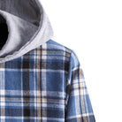 Men's flannel shirt in soft blue check pattern featuring a jersey hood and adjustable drawstring, perfect for casual wear. 4