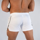 Men's mid waist polyester gym shorts featuring a drawstring closure for a comfortable fit, perfect for athletic activities and workouts. 2