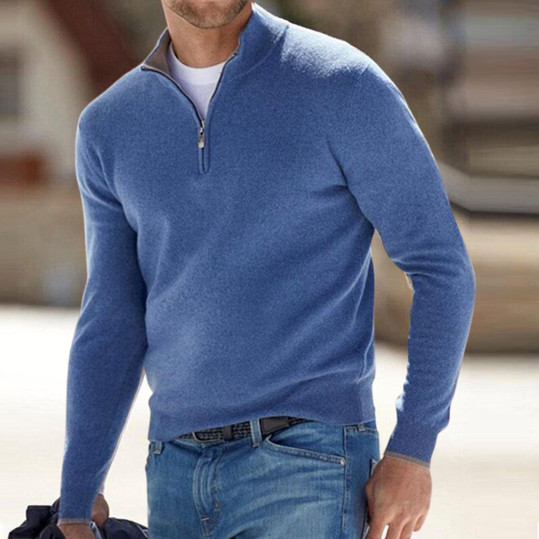 Men's half zip sweater featuring breathable fabric and a stand-up collar, designed for a regular fit and perfect for versatile layering. 0
