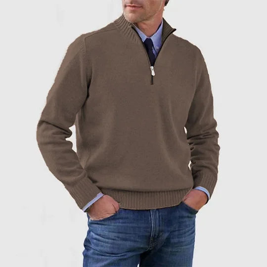 Men's half zip sweater featuring a tailored fit, designed for all-season wear with pilling-resistant knit fabric, perfect for a stylish and comfortable look. 1