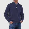 Men's half zip sweater featuring a tailored fit, designed for all-season wear with pilling-resistant knit fabric, perfect for a stylish and comfortable look. 10