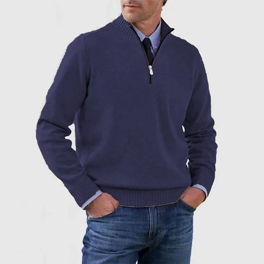 Men's half zip sweater featuring a tailored fit, designed for all-season wear with pilling-resistant knit fabric, perfect for a stylish and comfortable look. 10