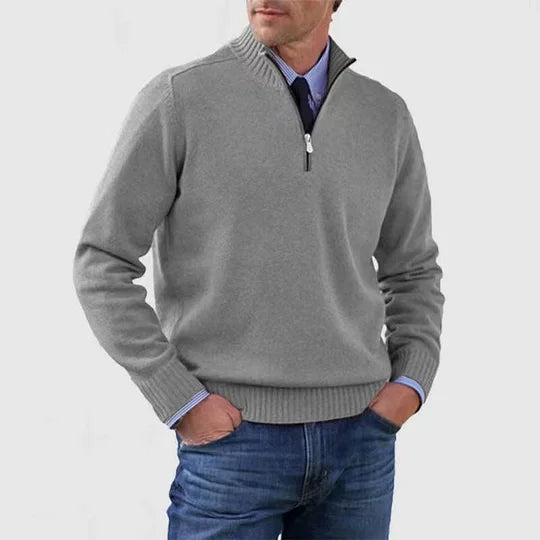Men's half zip sweater featuring a tailored fit, designed for all-season wear with pilling-resistant knit fabric, perfect for a stylish and comfortable look. 11