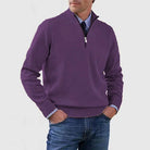 Men's half zip sweater featuring a tailored fit, designed for all-season wear with pilling-resistant knit fabric, perfect for a stylish and comfortable look. 2