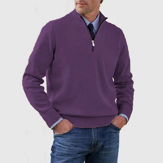 Men's half zip sweater featuring a tailored fit, designed for all-season wear with pilling-resistant knit fabric, perfect for a stylish and comfortable look. 2