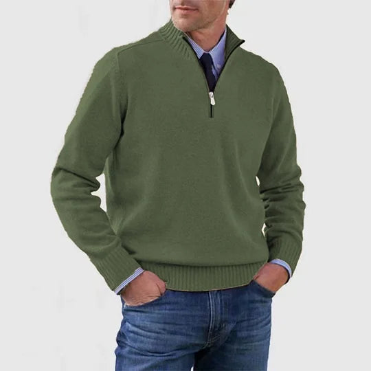 Men's half zip sweater featuring a tailored fit, designed for all-season wear with pilling-resistant knit fabric, perfect for a stylish and comfortable look. 3