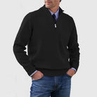 Men's half zip sweater featuring a tailored fit, designed for all-season wear with pilling-resistant knit fabric, perfect for a stylish and comfortable look. 4