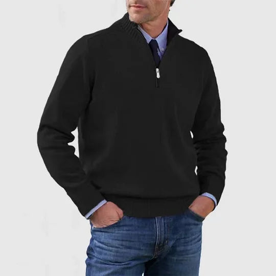 Men's half zip sweater featuring a tailored fit, designed for all-season wear with pilling-resistant knit fabric, perfect for a stylish and comfortable look. 4