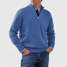 Men's half zip sweater featuring a tailored fit, designed for all-season wear with pilling-resistant knit fabric, perfect for a stylish and comfortable look. 5
