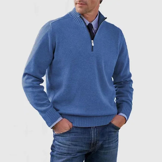 Men's half zip sweater featuring a tailored fit, designed for all-season wear with pilling-resistant knit fabric, perfect for a stylish and comfortable look. 5