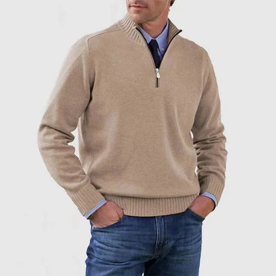 Men's half zip sweater featuring a tailored fit, designed for all-season wear with pilling-resistant knit fabric, perfect for a stylish and comfortable look. 6