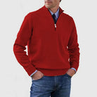 Men's half zip sweater featuring a tailored fit, designed for all-season wear with pilling-resistant knit fabric, perfect for a stylish and comfortable look. 7