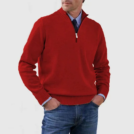 Men's half zip sweater featuring a tailored fit, designed for all-season wear with pilling-resistant knit fabric, perfect for a stylish and comfortable look. 7