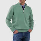 Men's half zip sweater featuring a tailored fit, designed for all-season wear with pilling-resistant knit fabric, perfect for a stylish and comfortable look. 8