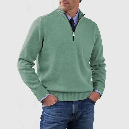 Men's half zip sweater featuring a tailored fit, designed for all-season wear with pilling-resistant knit fabric, perfect for a stylish and comfortable look. 8
