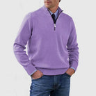 Men's half zip sweater featuring a tailored fit, designed for all-season wear with pilling-resistant knit fabric, perfect for a stylish and comfortable look. 9