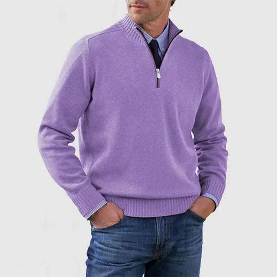 Men's half zip sweater featuring a tailored fit, designed for all-season wear with pilling-resistant knit fabric, perfect for a stylish and comfortable look. 9