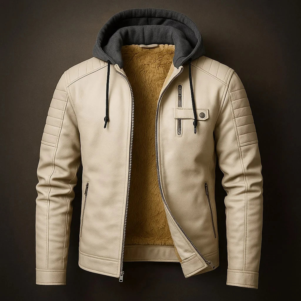Men's hooded faux leather jacket featuring a warm wool-blend lining, designed as a versatile winter coat with a removable hood and three functional pockets. 0