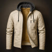 Men's hooded faux leather jacket featuring a warm wool-blend lining, designed as a versatile winter coat with a removable hood and three functional pockets. 0