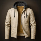 Men's hooded faux leather jacket featuring a warm wool-blend lining, designed as a versatile winter coat with a removable hood and three functional pockets. 0