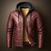 Men's hooded faux leather jacket featuring a warm wool-blend lining, designed as a versatile winter coat with a removable hood and three functional pockets. 3