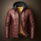 Men's hooded faux leather jacket featuring a warm wool-blend lining, designed as a versatile winter coat with a removable hood and three functional pockets. 3