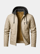 Men's hooded faux leather jacket featuring a warm wool-blend lining, designed as a versatile winter coat with a removable hood and three functional pockets. 4
