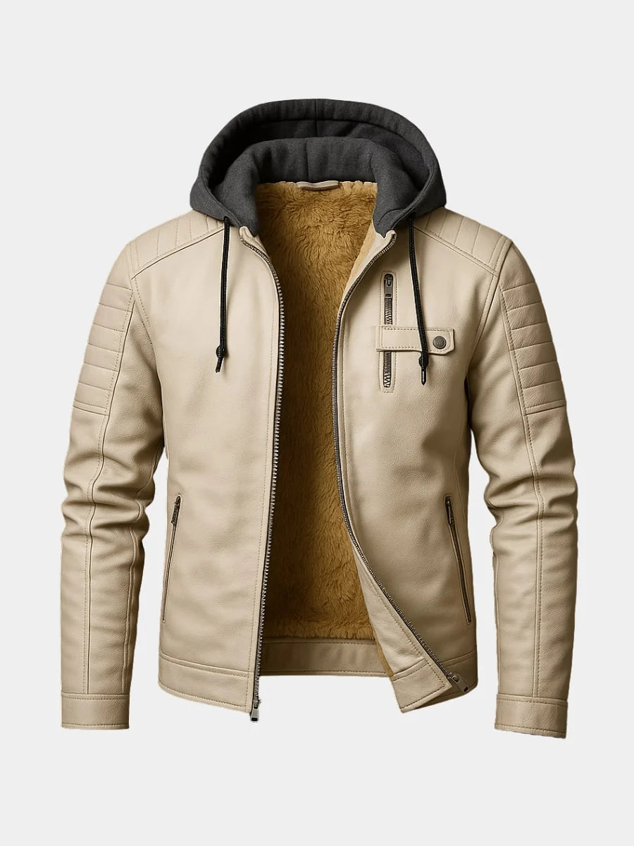 Men's hooded faux leather jacket featuring a warm wool-blend lining, designed as a versatile winter coat with a removable hood and three functional pockets. 4