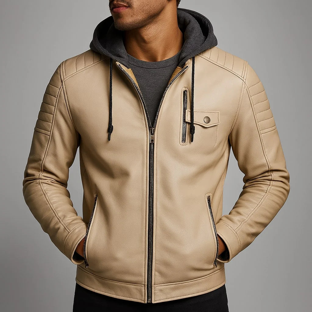Men's hooded faux leather jacket featuring a warm wool-blend lining, designed as a versatile winter coat with a removable hood and three functional pockets. 5