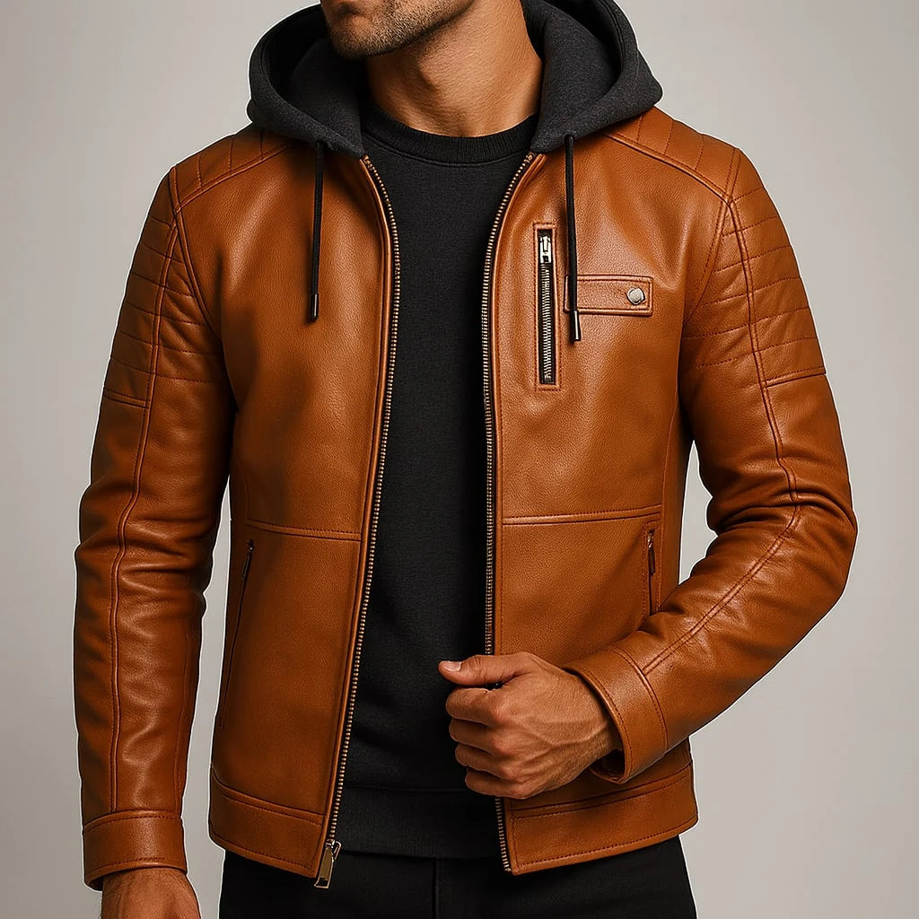 Men's hooded faux leather jacket featuring a warm wool-blend lining, designed as a versatile winter coat with a removable hood and three functional pockets. 6