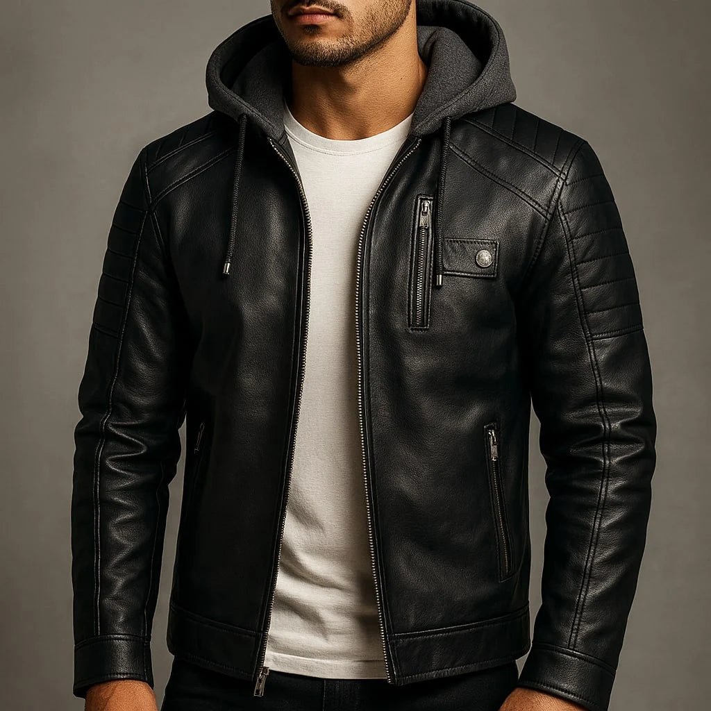 Men's hooded faux leather jacket featuring a warm wool-blend lining, designed as a versatile winter coat with a removable hood and three functional pockets. 8